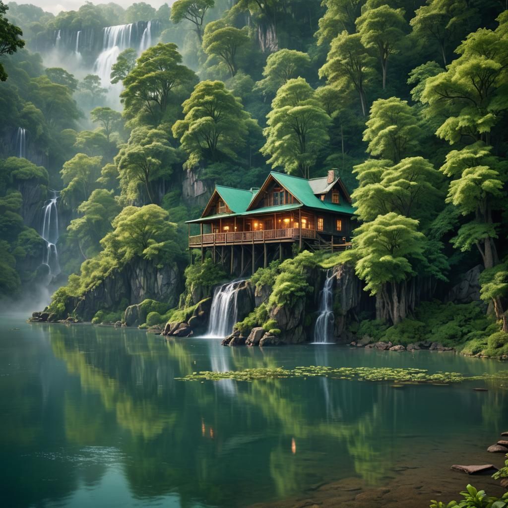 Mystical Paradise: Cabin by Waterfalls in Matte Painting