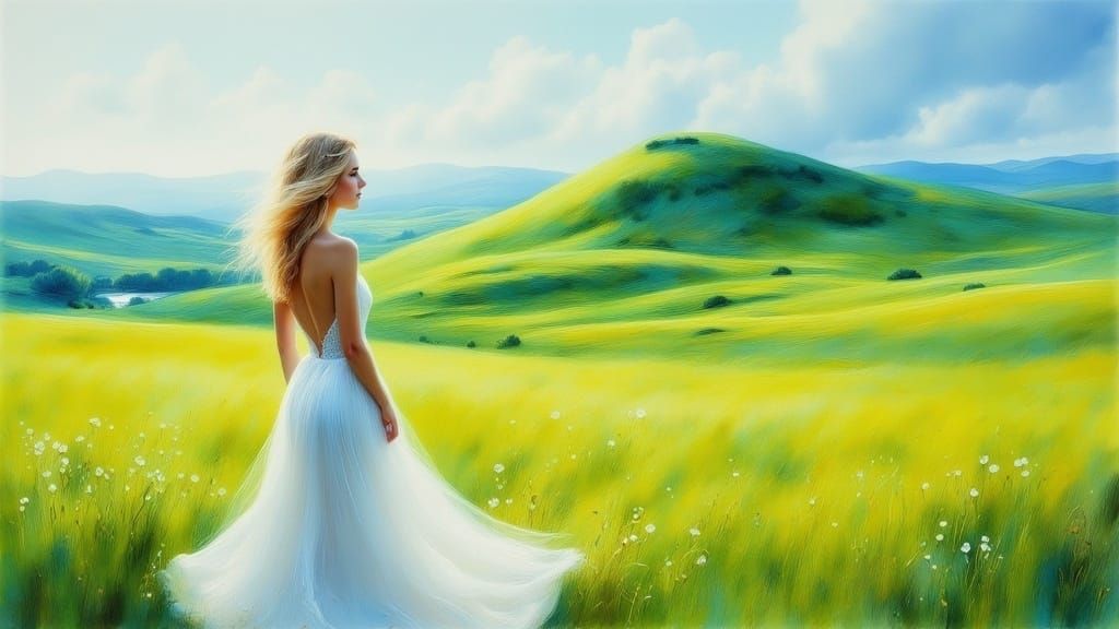 Woman Gazing at Green Hill in Impressionist Style