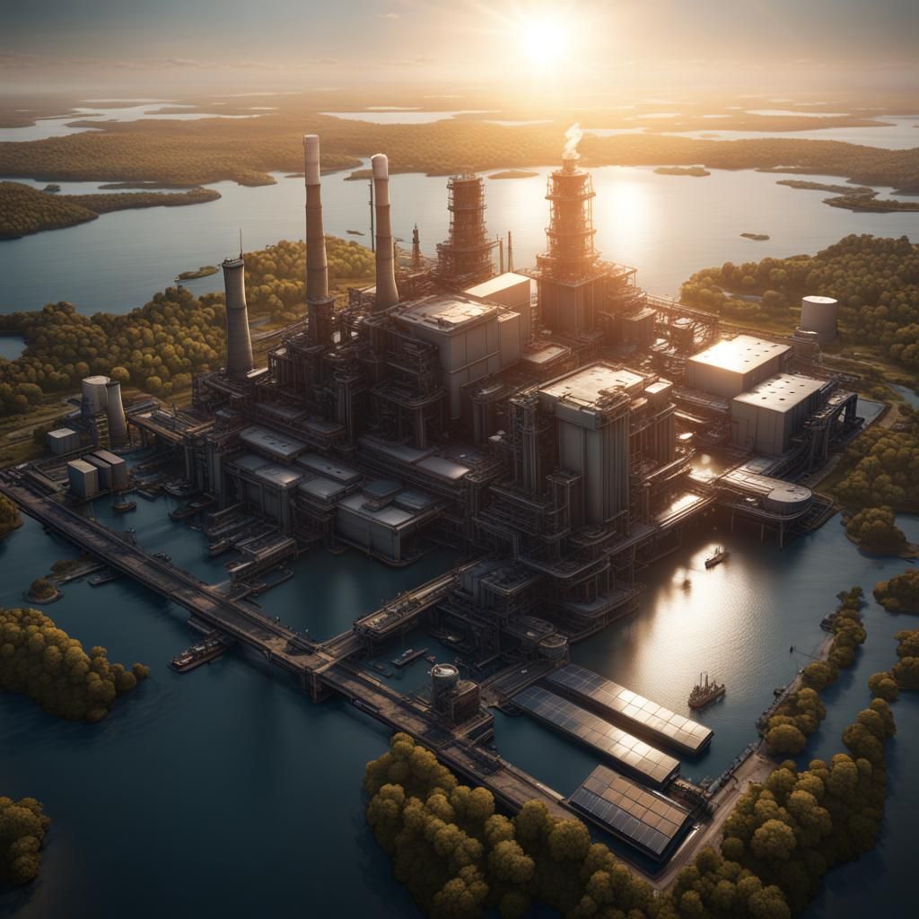 Industrial Power Plant Surrounded by Water: Matte Painting