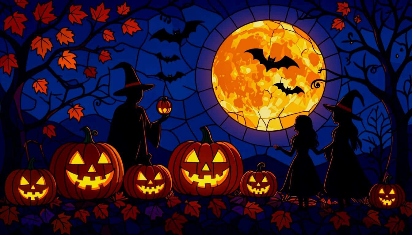 Halloween Harvest Moon Celebration in Mosaic Stained Glass S...