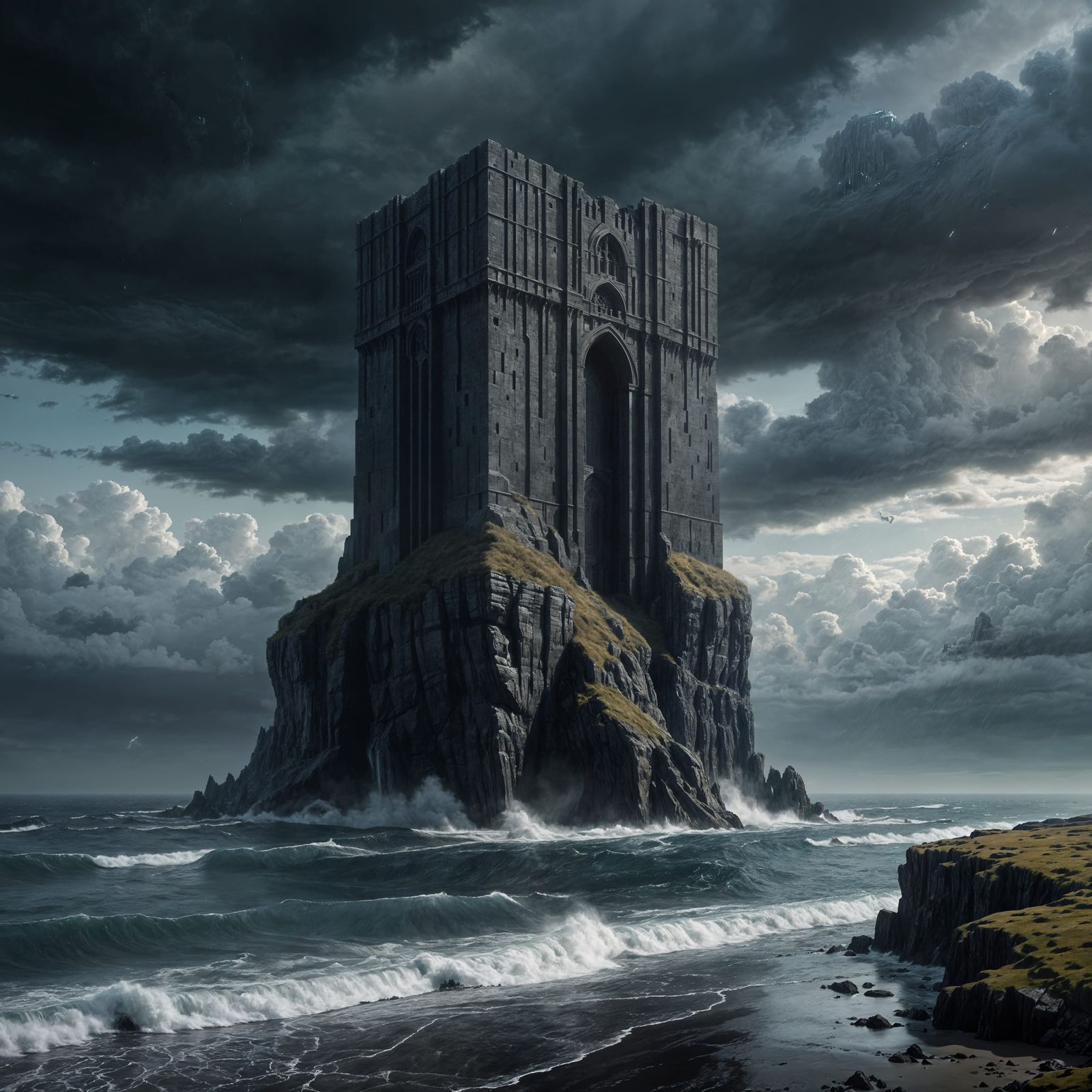 Dark Fantasy Monolith on Ocean Cliff