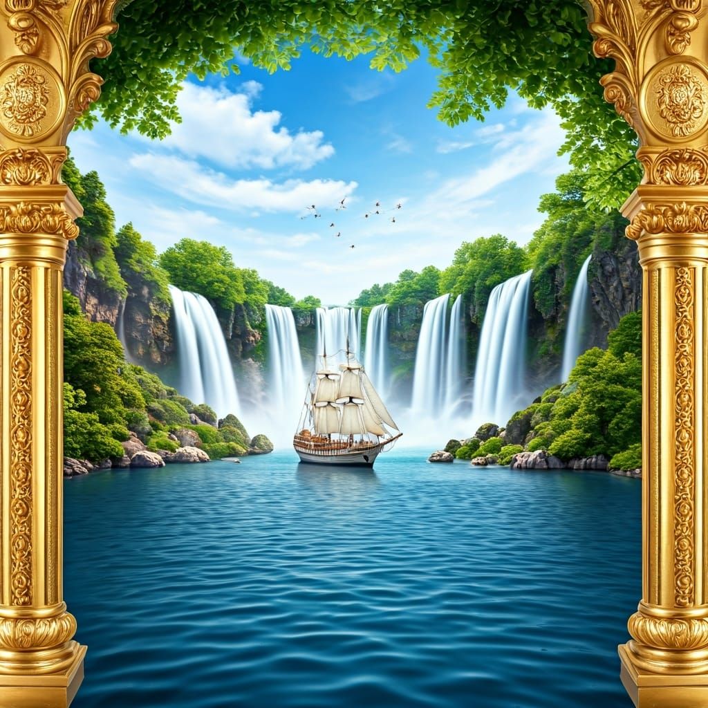 Golden Waterfalls and Ship: Ornate Digital Art