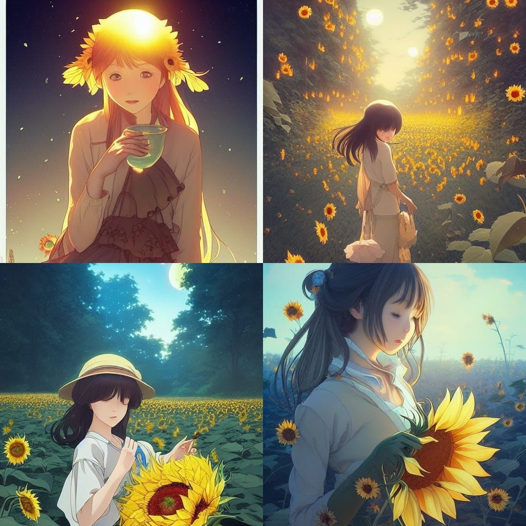 the girl and the sunflower. anime, cozy village, at night after rain, clear night sky, lanterns. by hayao miyazaki and r...