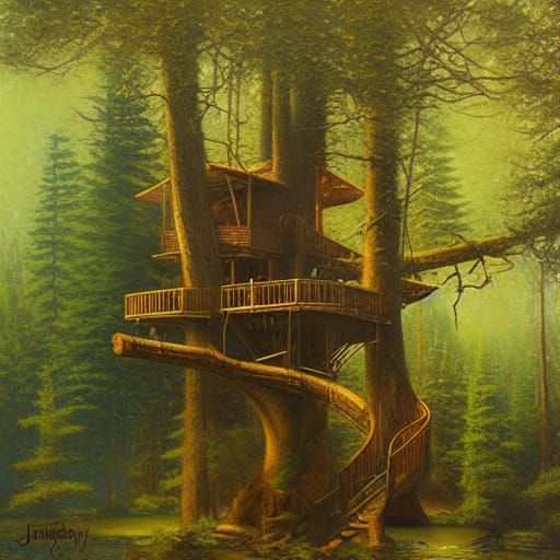 Forest Treehouse as Oil Painting