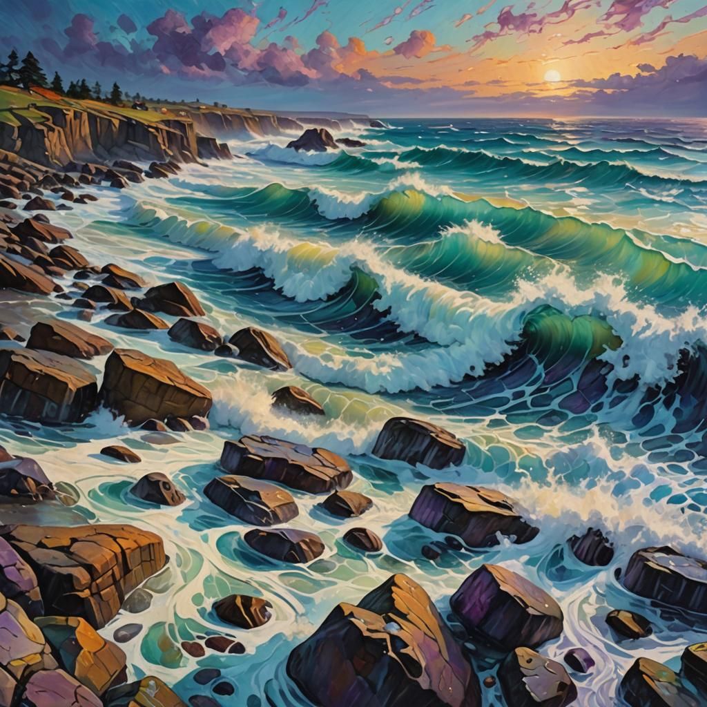 Coastal Wave Painting in Impressionist Style