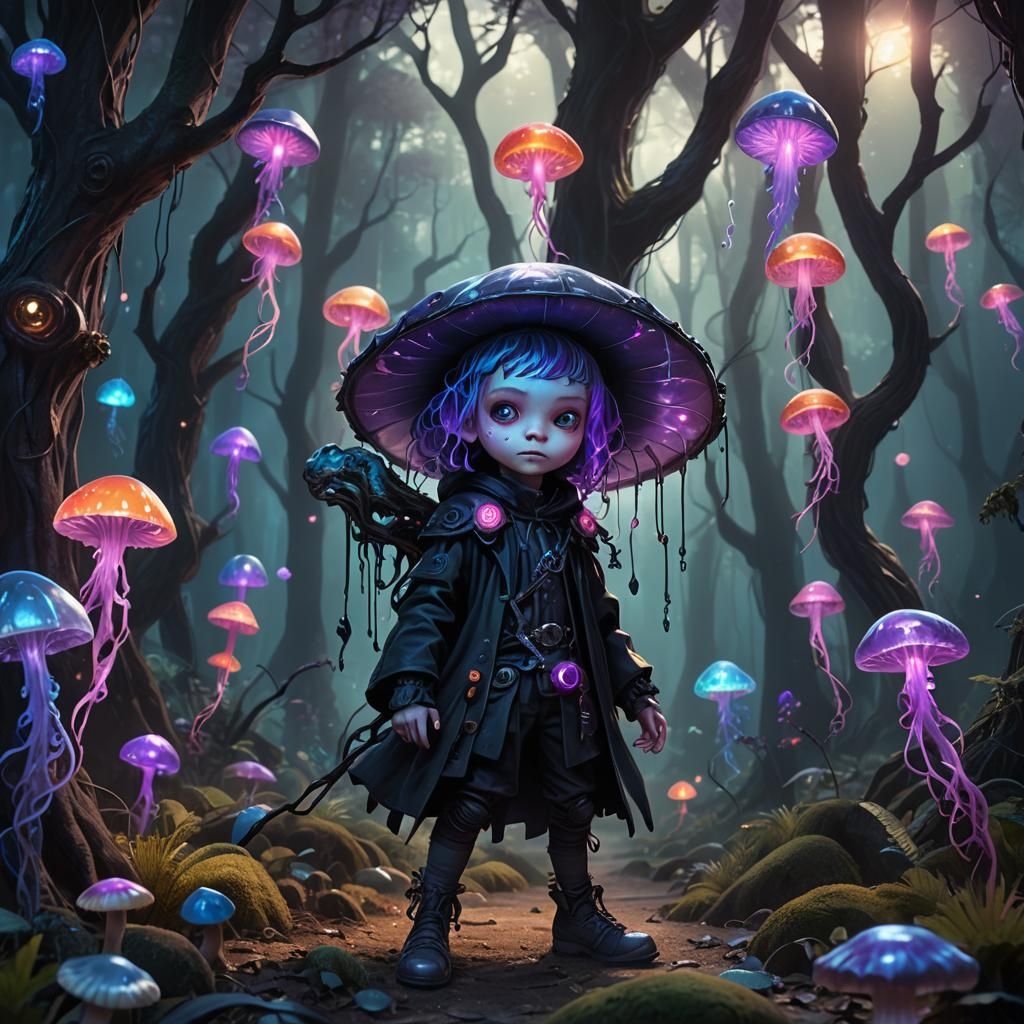 Cute Alien with Jellyfish Hair in Eerie Forest