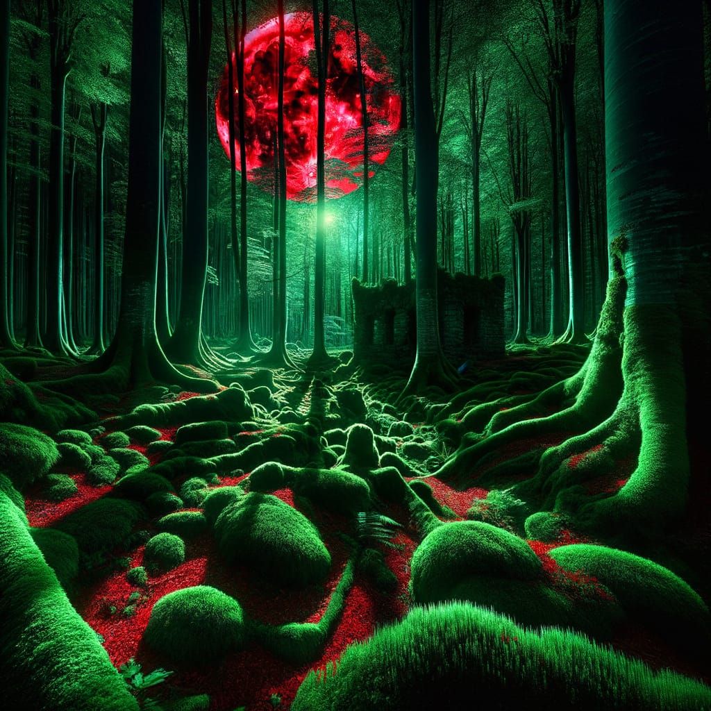 Red Moonlit Forest Sanctuary with Ancient Ruins