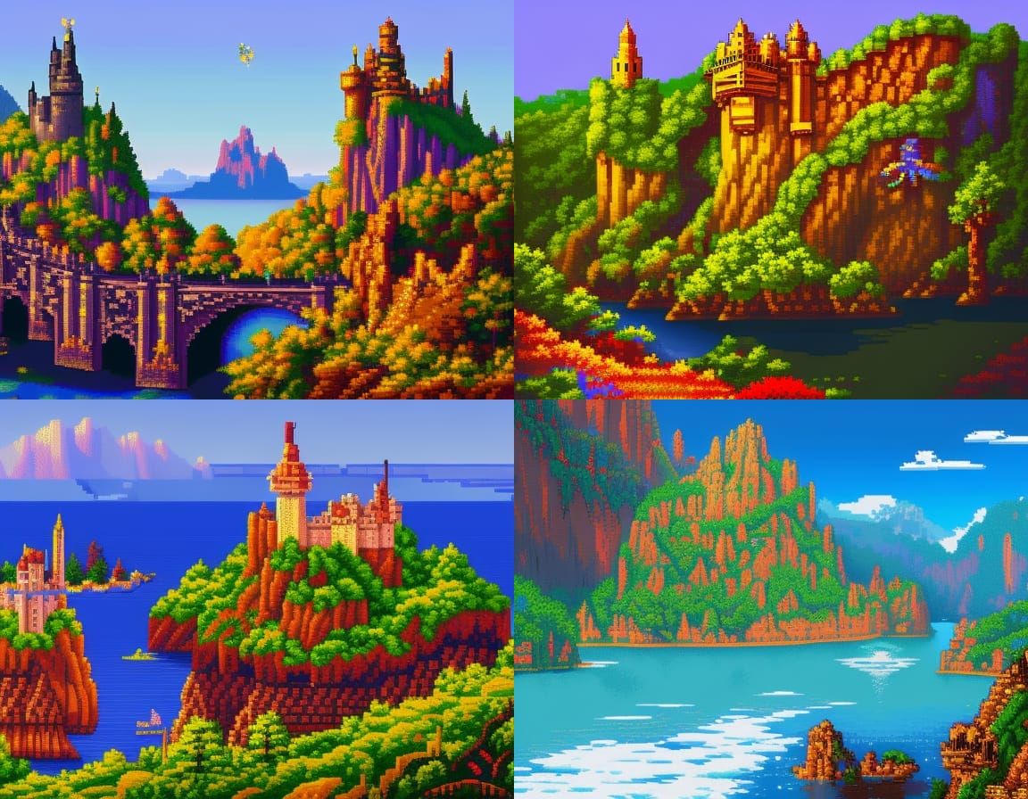 Pixelated Fantasy Landscape in 8-bit Retro Style