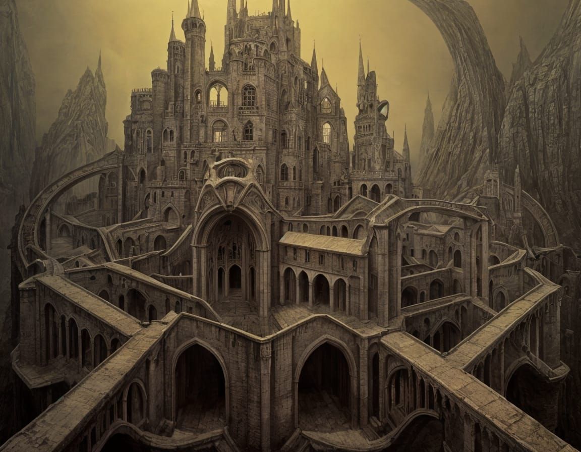 Surreal Castle with Twisted Moats and Drawbridges