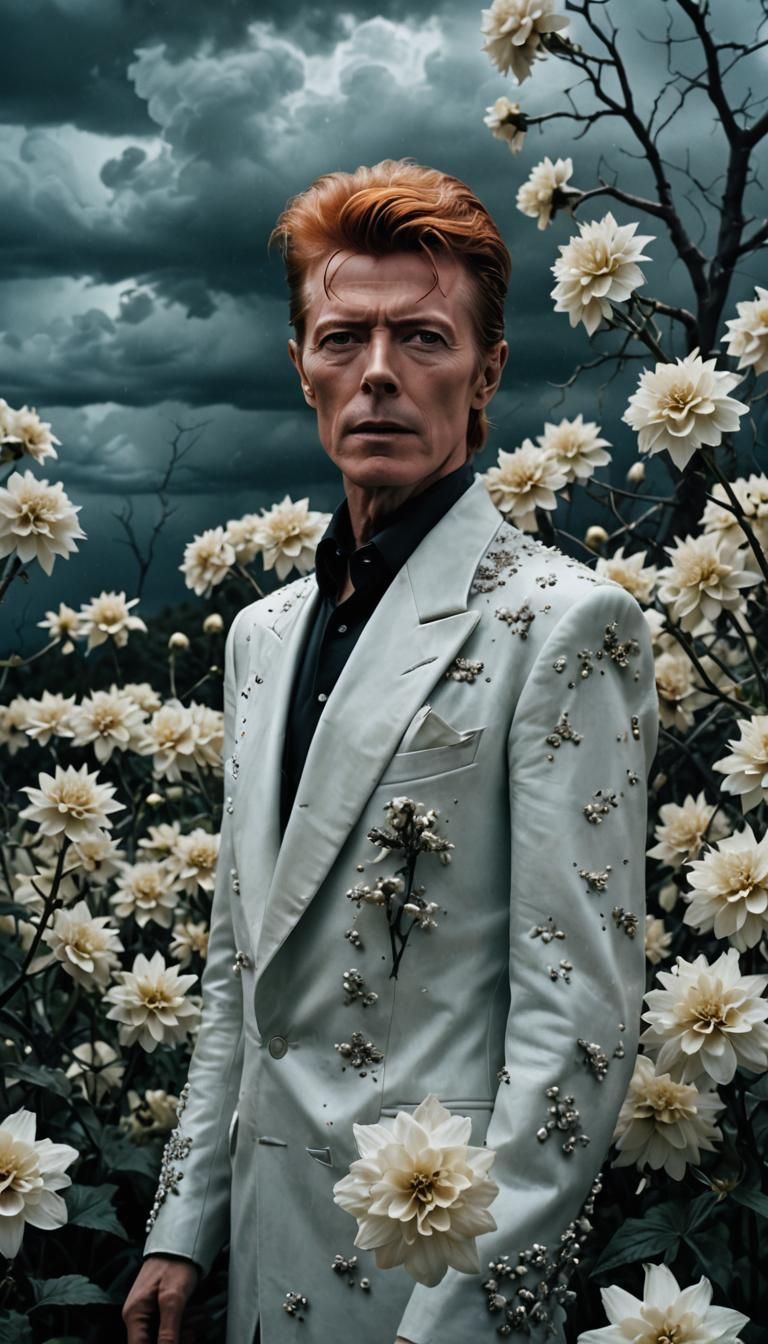 David Bowie as his alterego, the Thin White Duke, surrounded by white flowers. RIP.