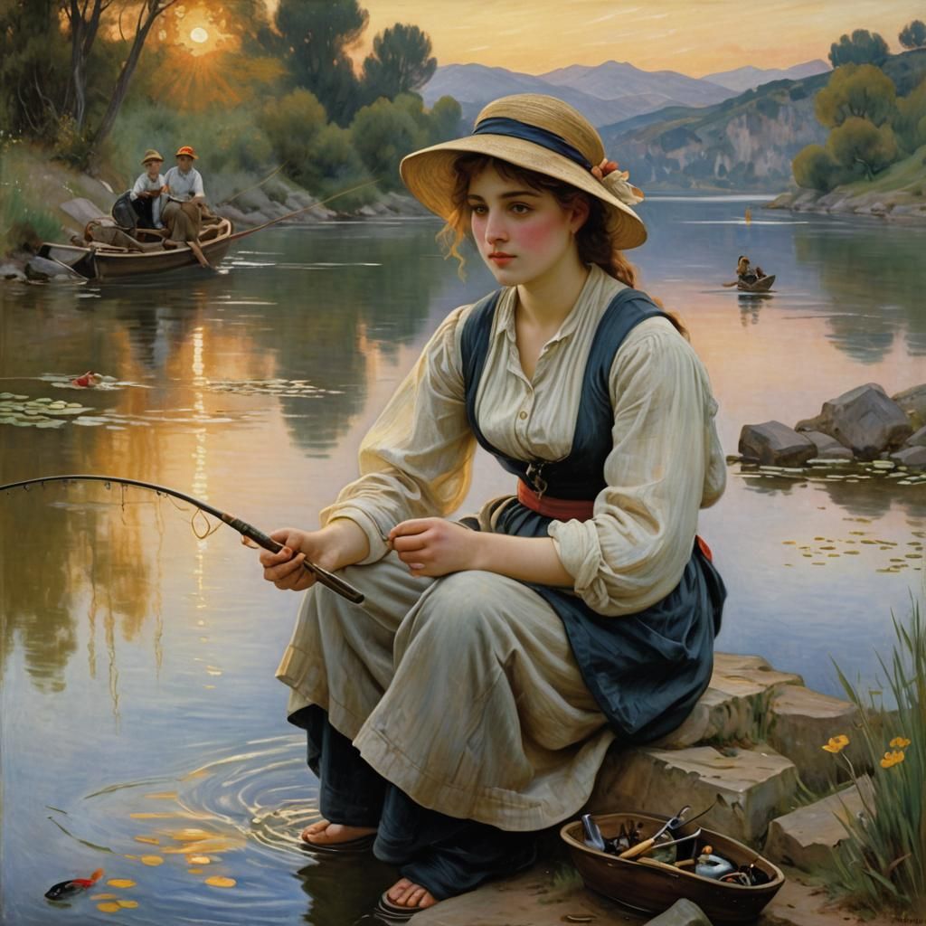 Fishing at Golden Hour in Classical Style