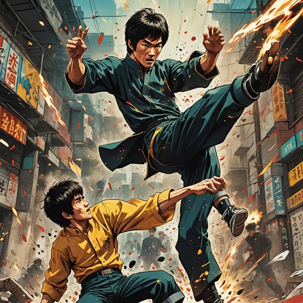 Boy Kicks Bruce Lee: Dynamic Anime Manga Art