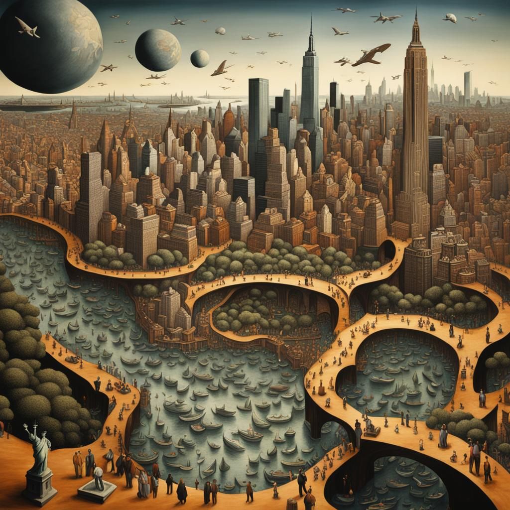 New york city crowded as in The Garden of Earthly Delights intricate realism and fantasy Escher style.