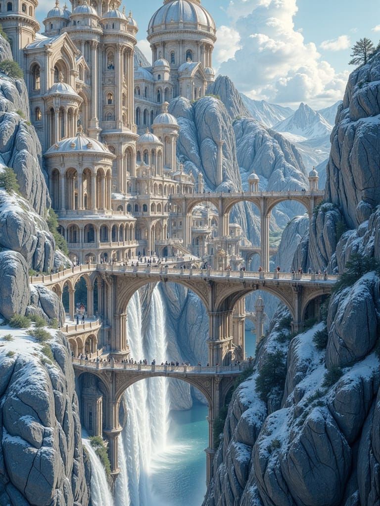 Snowy Village with Lamposts and Trees in Ancient Meet Future...