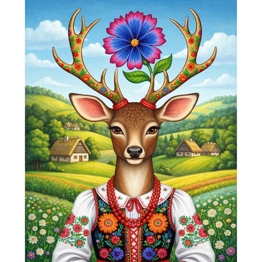 Deer Woman in Polish Folk Art Style with Floral Antlers