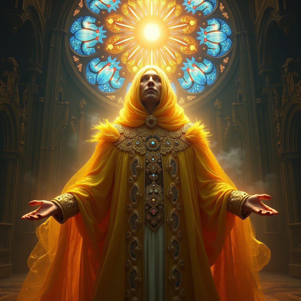 Ethereal Figure in Gothic Cathedral, Mystical Realism