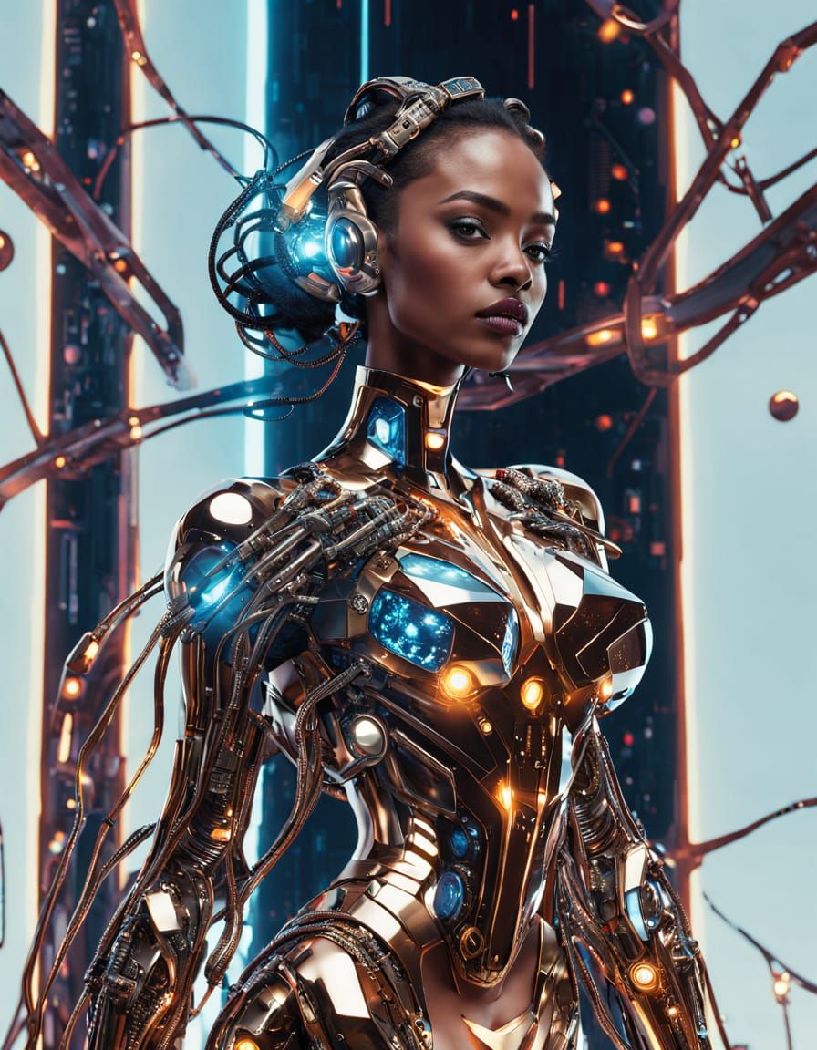 Elegant Cybernetic Goddess in Neon Hues