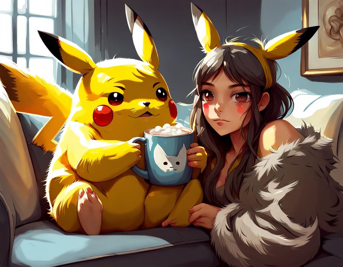 Pikachu and Totoro Snuggle Up: Digital Art