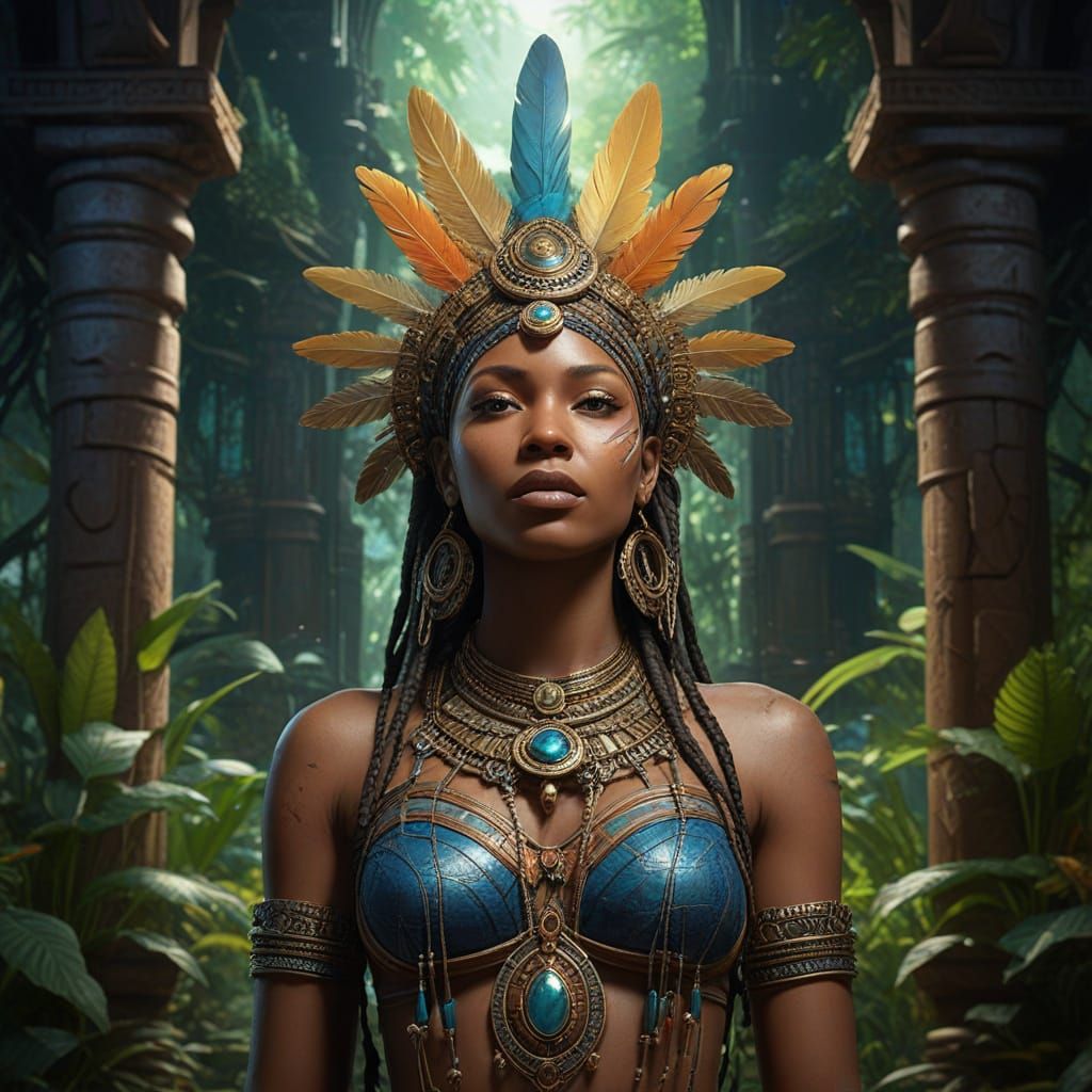 African Priestess in Jungle Temple: Hyperrealistic Splash Ar...