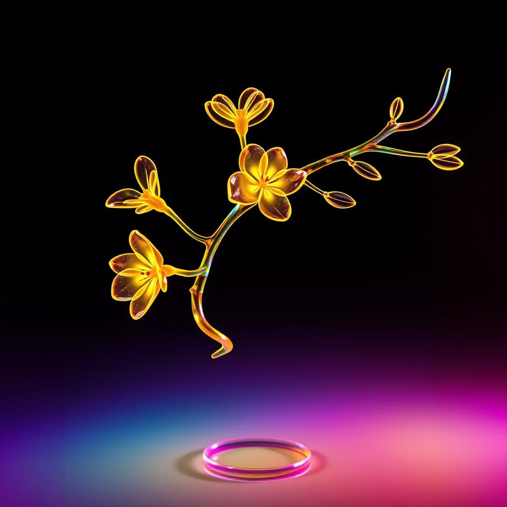 Glass Art Freesia Branch in Synthwave Neon Style