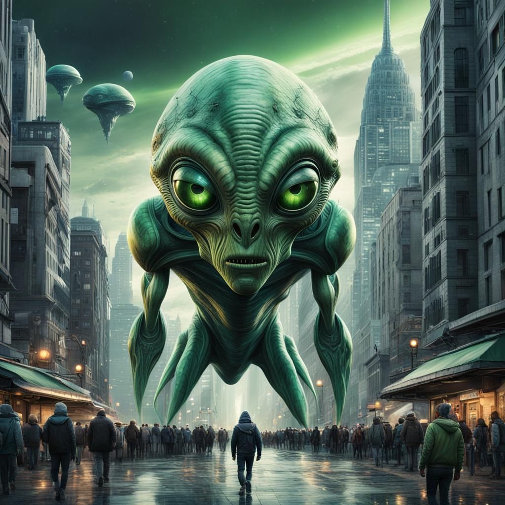 Green Alien in Cityscape: Digital Matte Painting