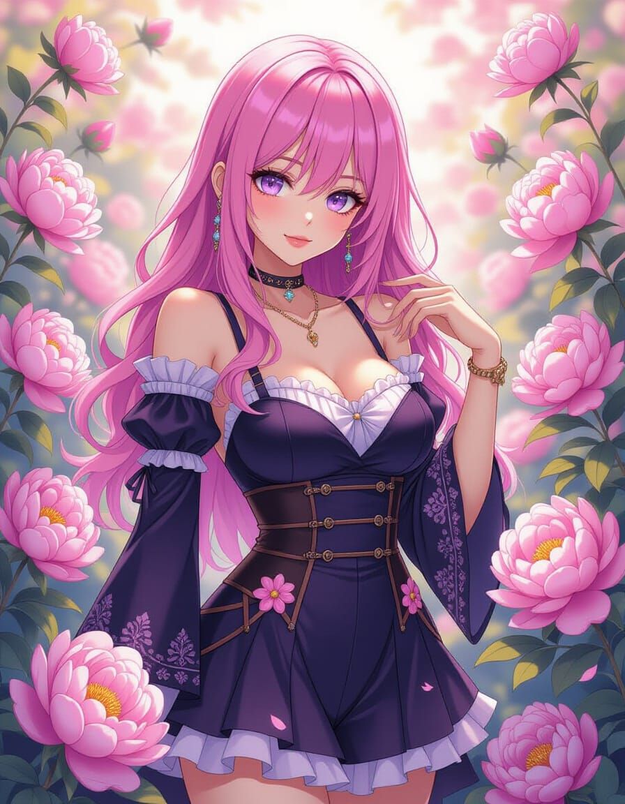 Gothic Woman in Kawaii Outfit with Peonies