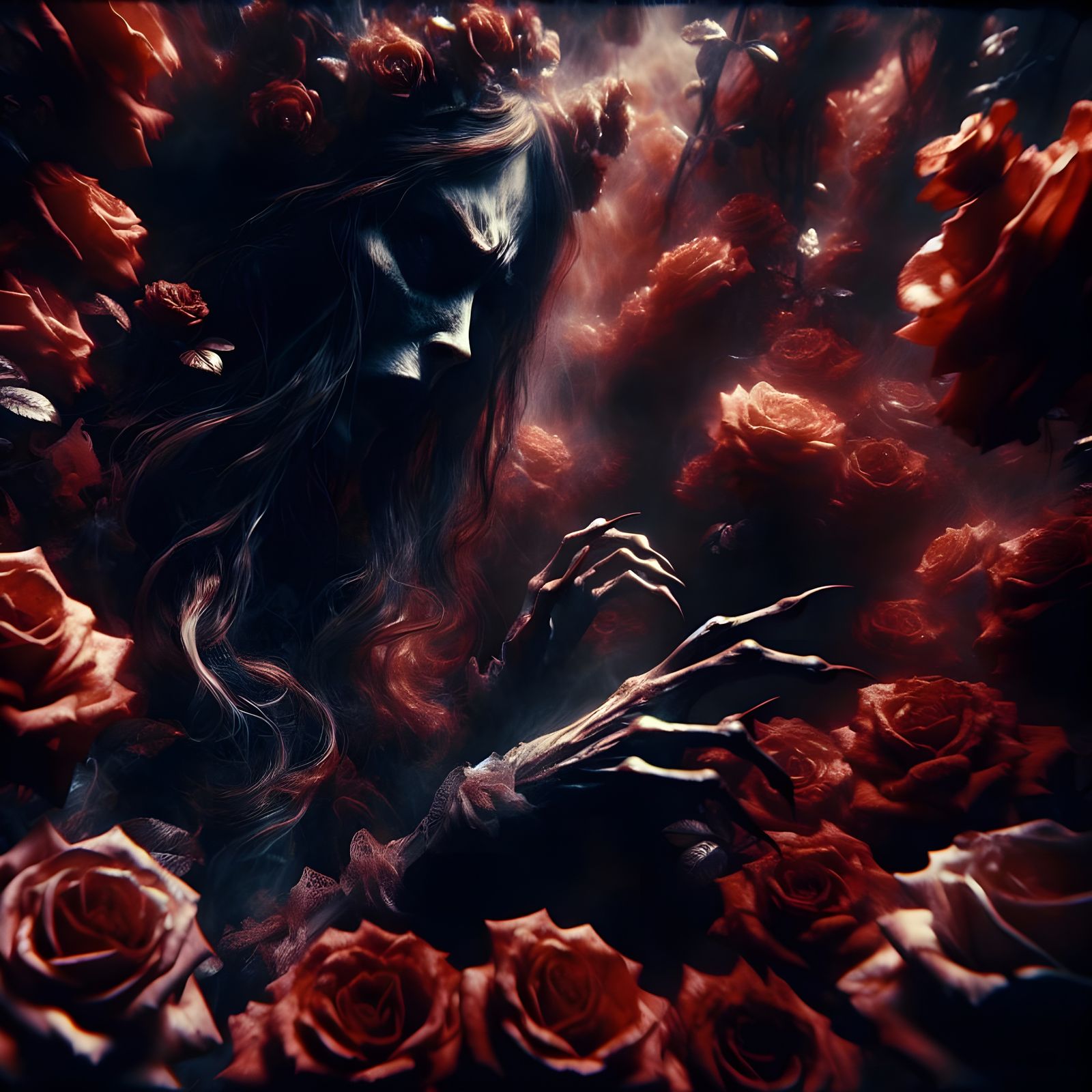 Surreal Ghostly Figure Surrounded by Red Roses in a Cinemati...