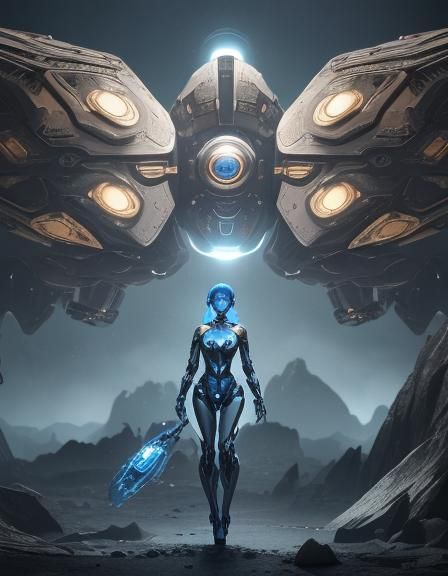Blue Humanoid with Flying Saucer in Sci-Fi Style