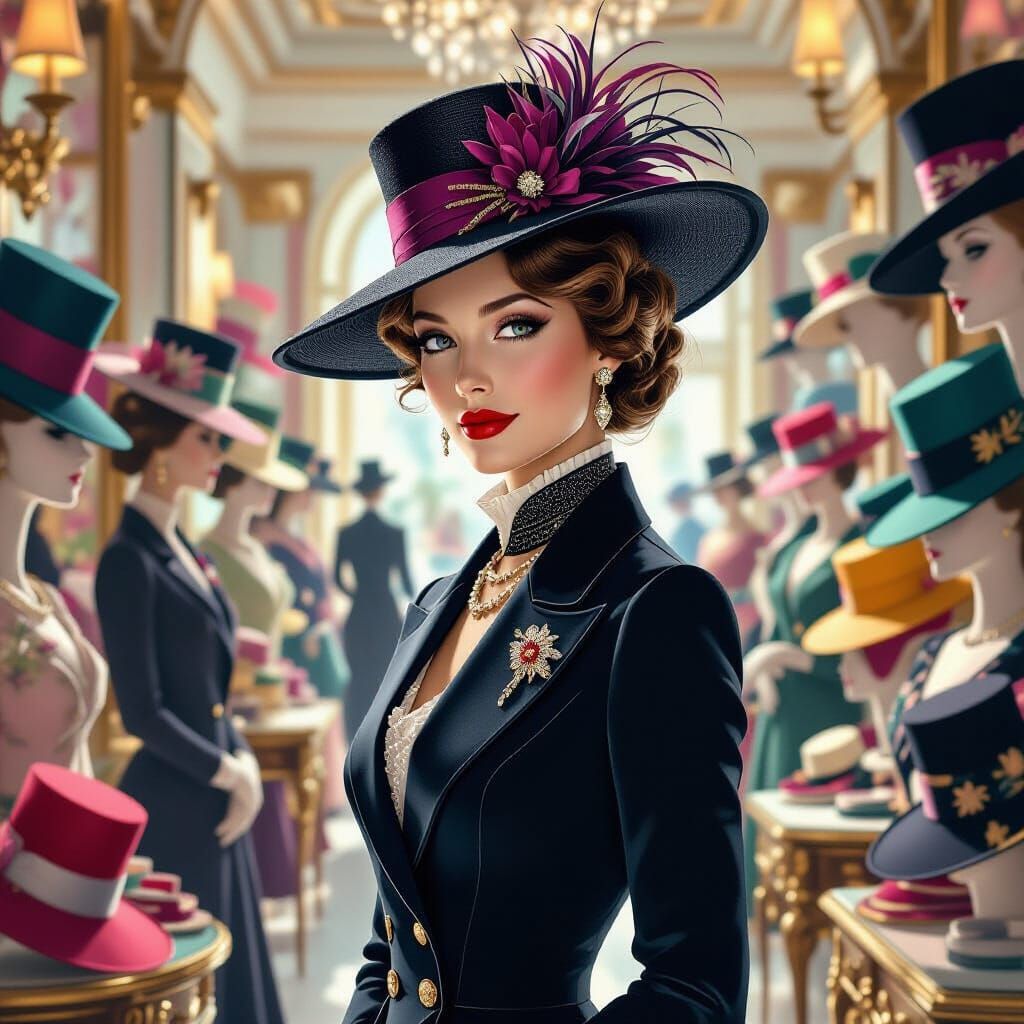 Elegant Woman in Paris Hat Boutique, Hyperrealistic Style