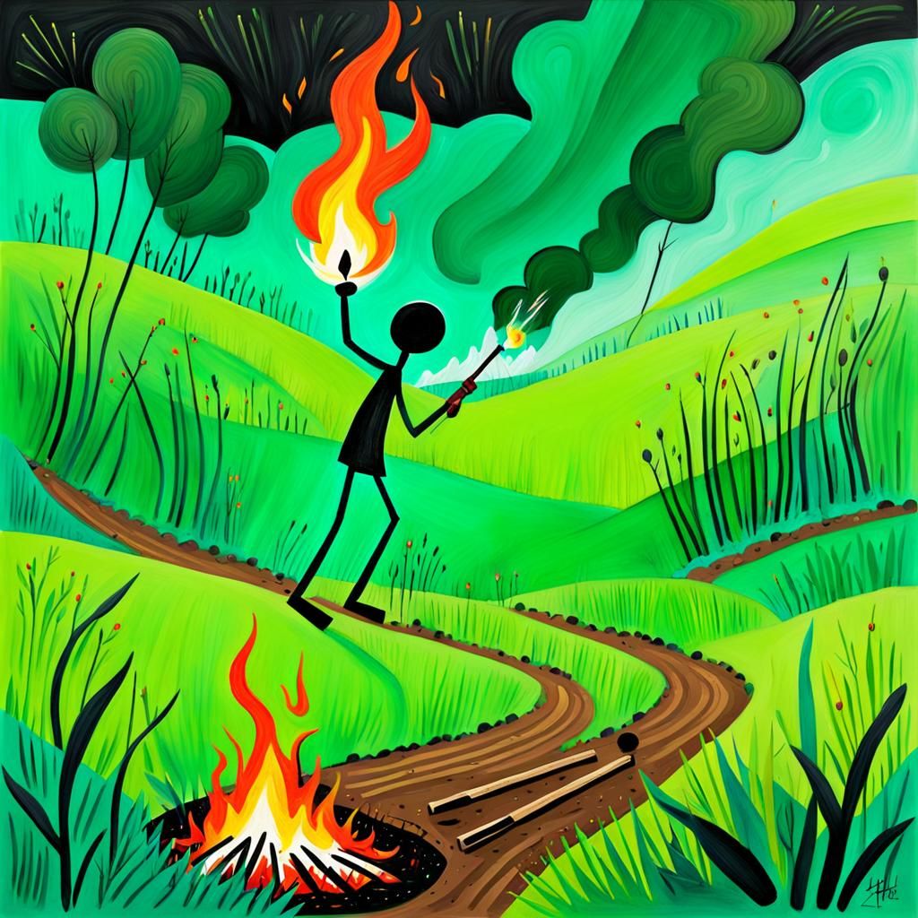 Naive Gouache Painting of Stick Figure Playing with Fire