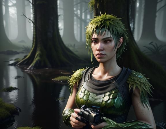 Female Amphiboid in Misty Waters: 3D Game Cinematic