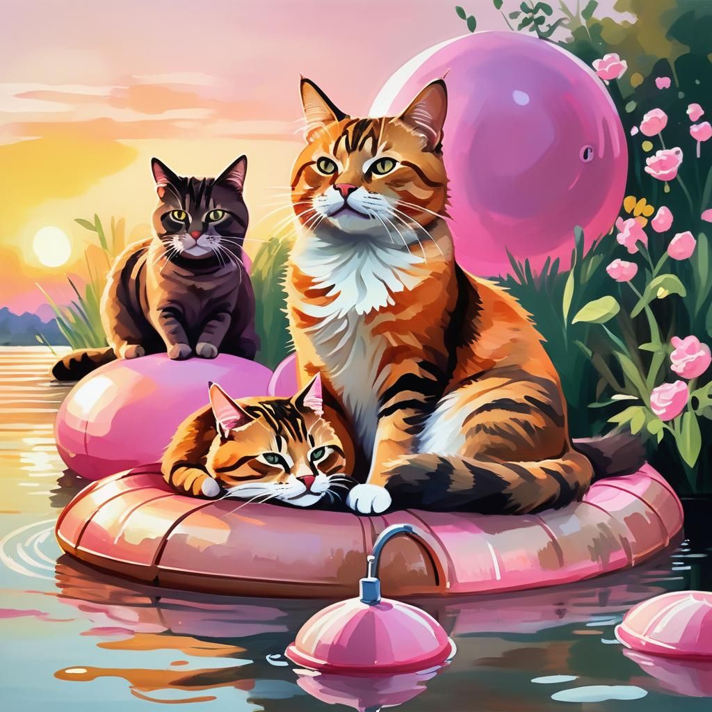 Cats on Pink Buoy: Whimsical Art Nouveau Painting