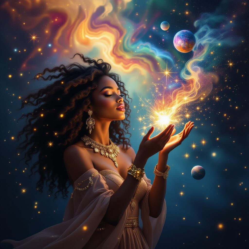Cosmic Birth of Stars by Woman in Dark Void