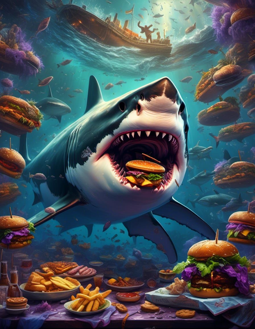 Great White Shark Enjoys Hamburger, Hyperreal Art