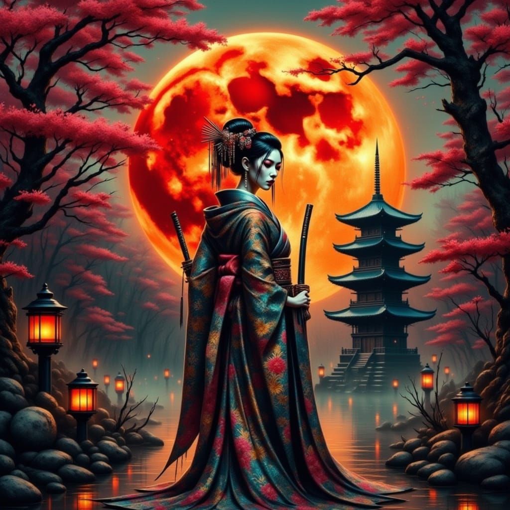 Ethereal Geisha Warrior Basks in Blood Moon Glow