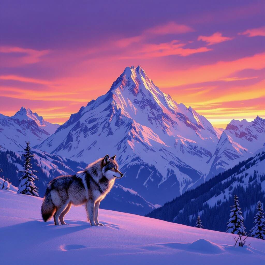Lone Wolf at Dusk in Classic Landscape Style