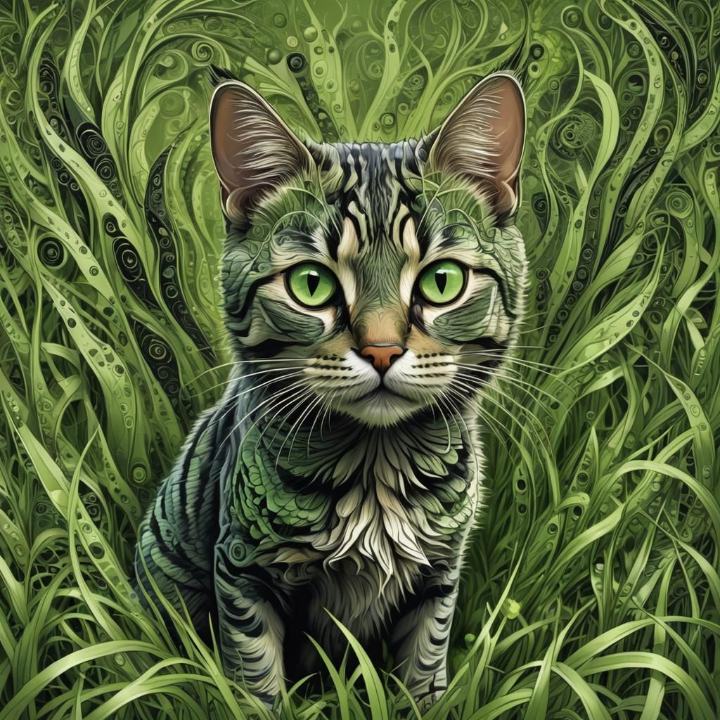Striped Cat with Green Eyes in Abstract Vector Art