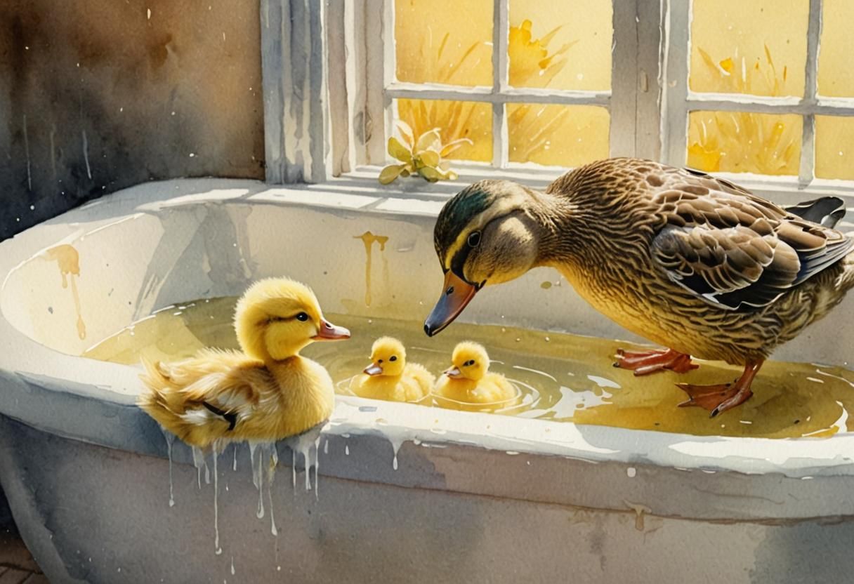 Watercolor Duckling Bathtime: A Dreamy Illustration