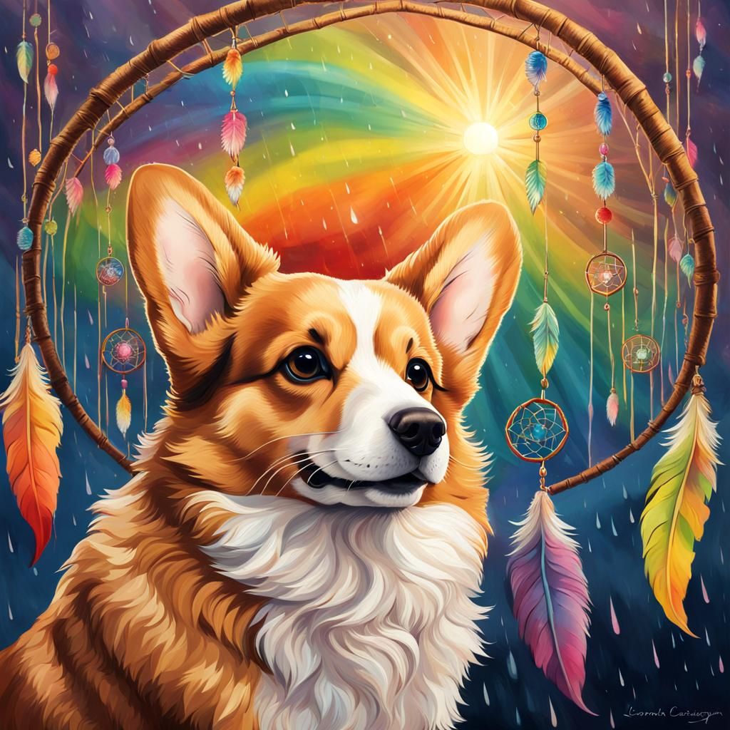 Corgi Fetching Dream Catcher with Rainbow