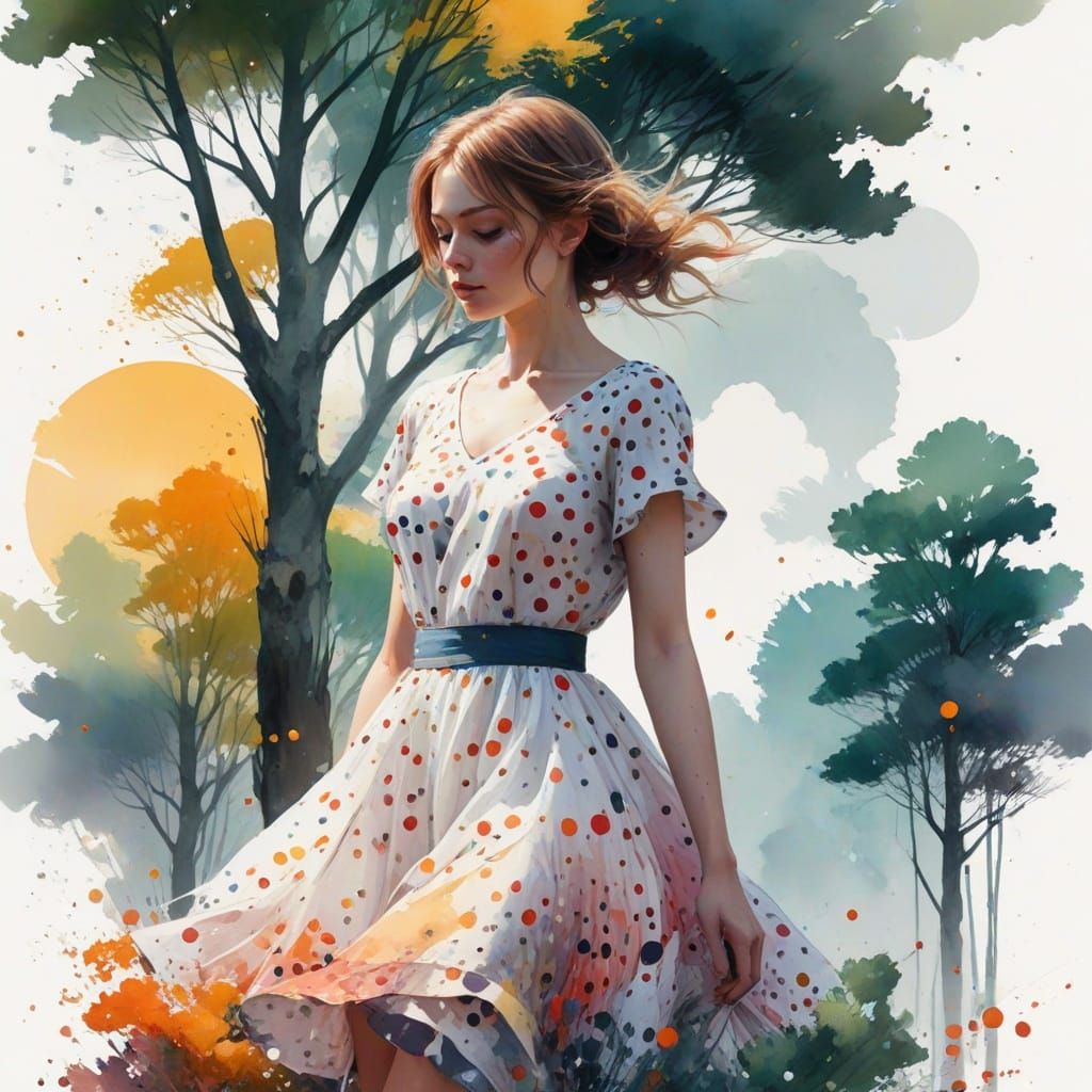 Retro Polka Dot Surreal Scene in Watercolor Style