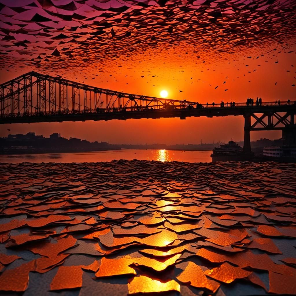 Ganges Sunset: Layered Paper Art with Broken Glass Effect