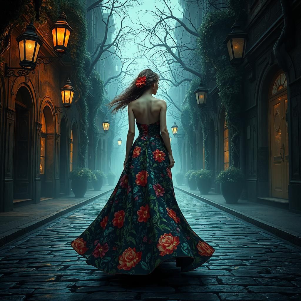 Mystical Woman in Floral Dress, Fantasy Art