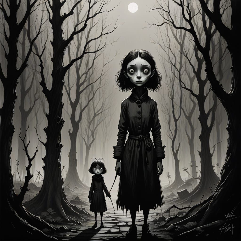 Somber Surreal Encounter: Woman and Creature in Minimalist A...