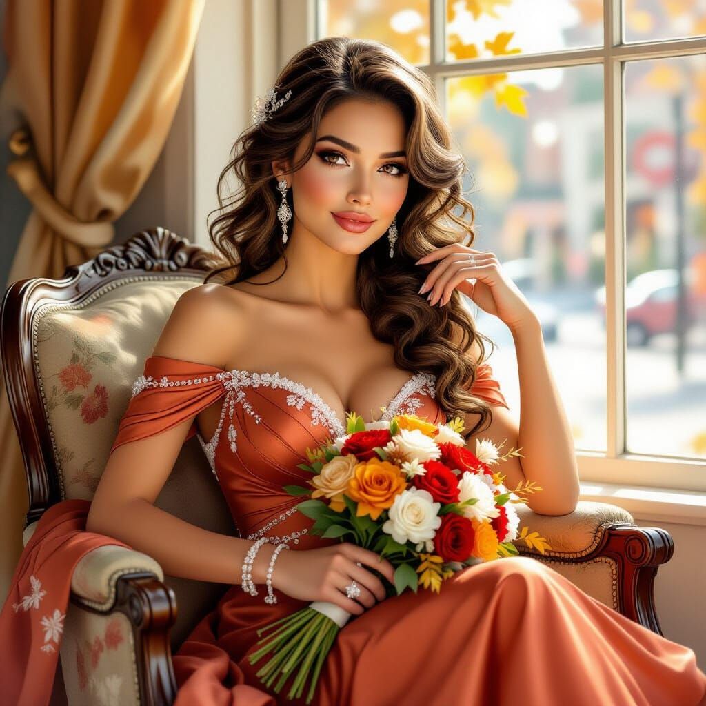 Woman in Terracotta Dress with Autumn Bouquet