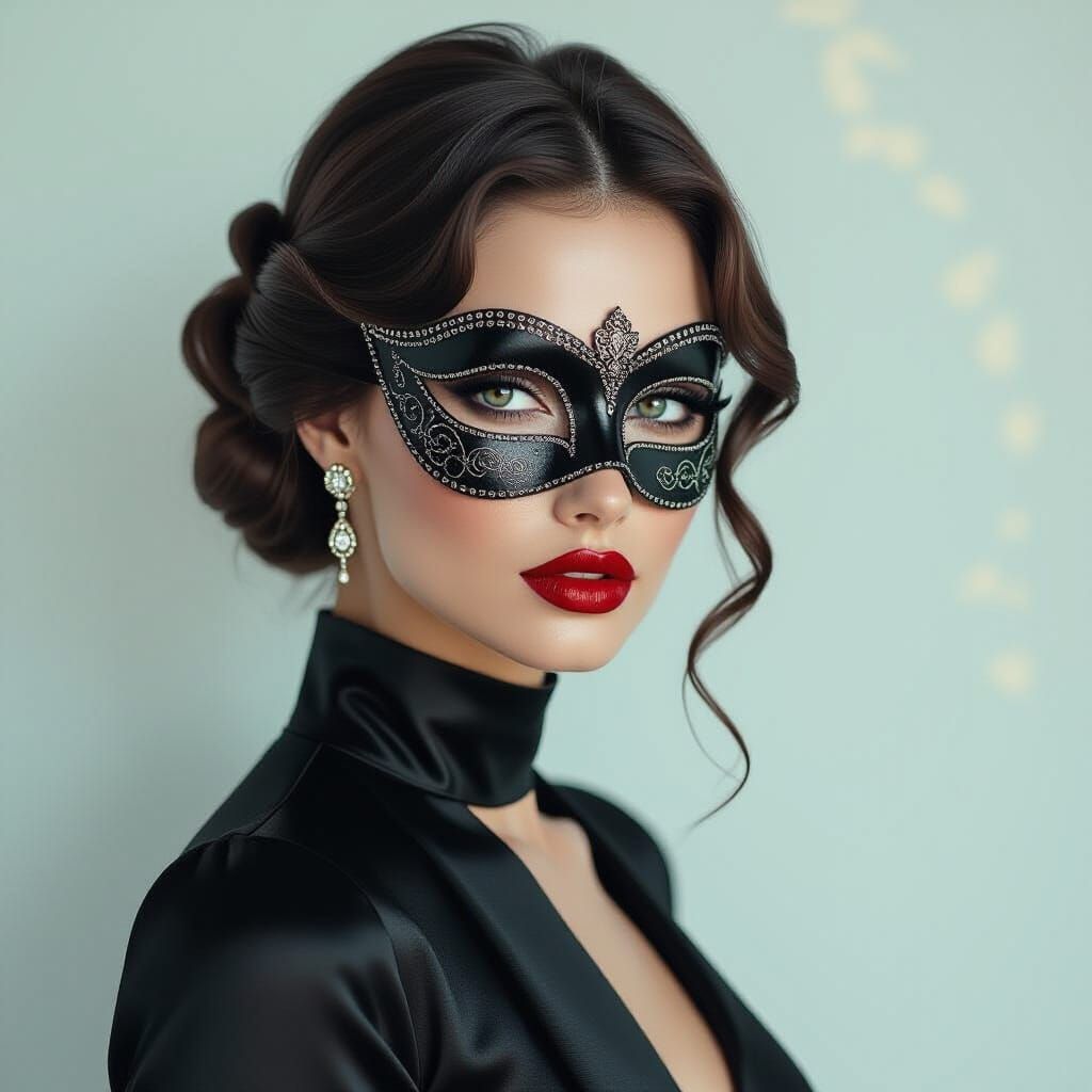 Mysterious Lady in Black Silk with Gemstone Mask