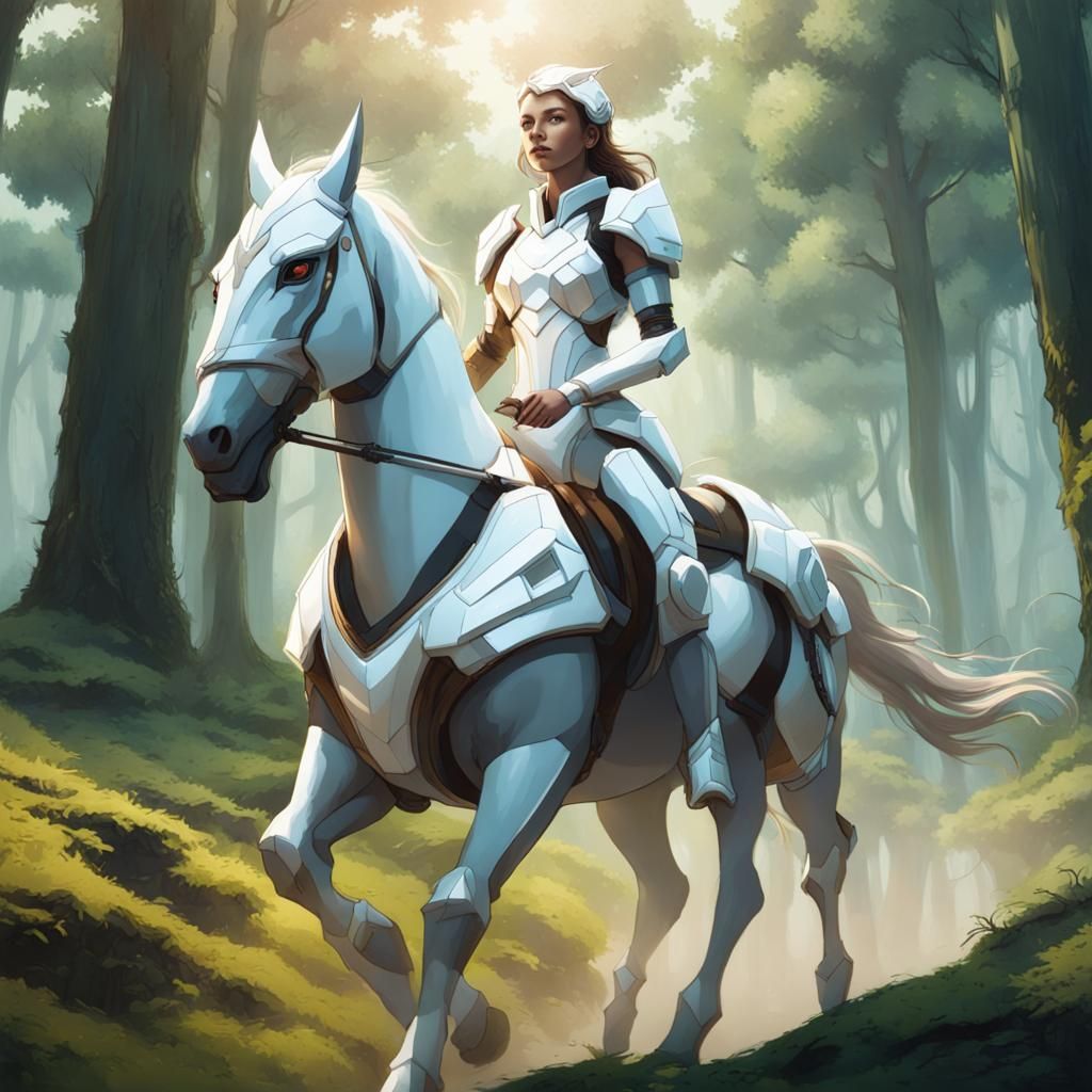 Futuristic Woman Rides Horse Through Clearing