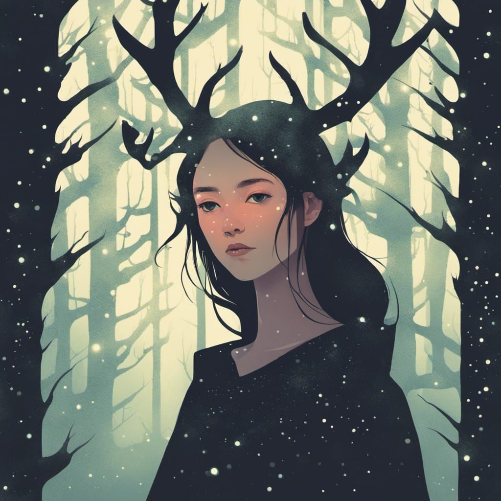 Druid with Antlers in Dark Forest, Vector Art