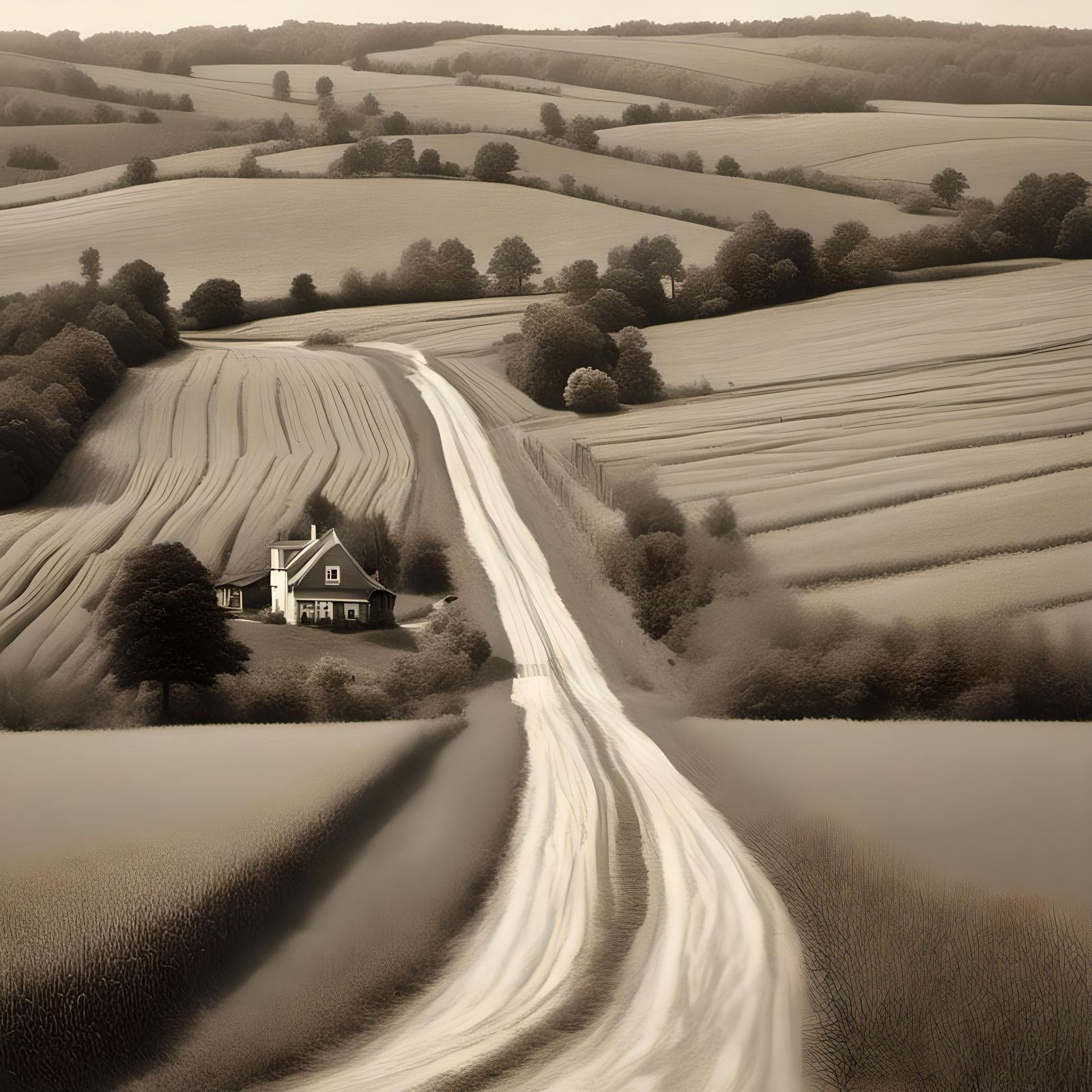 Rural Midwest Country Road Pencil Drawing