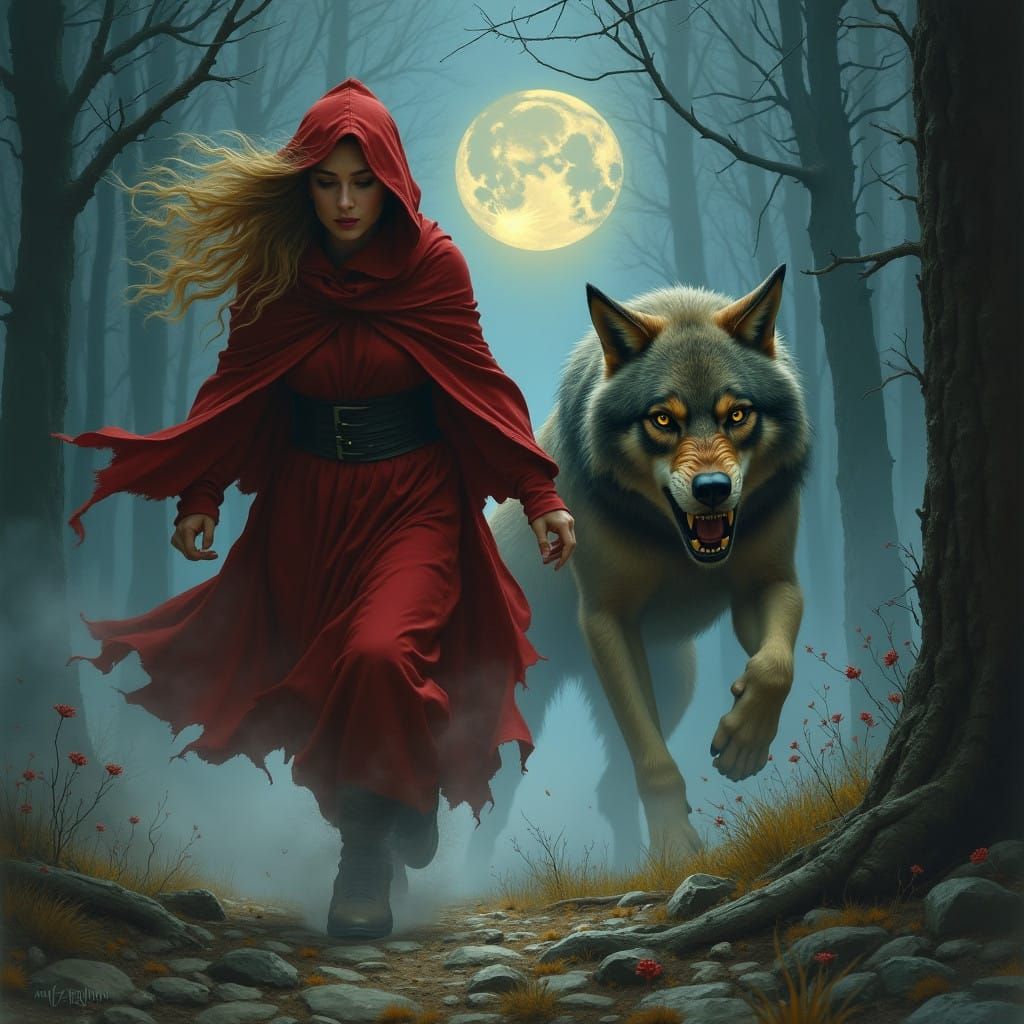 Moonlit Pursuit: A Woman in Crimson Hood Flees a Snarling We...