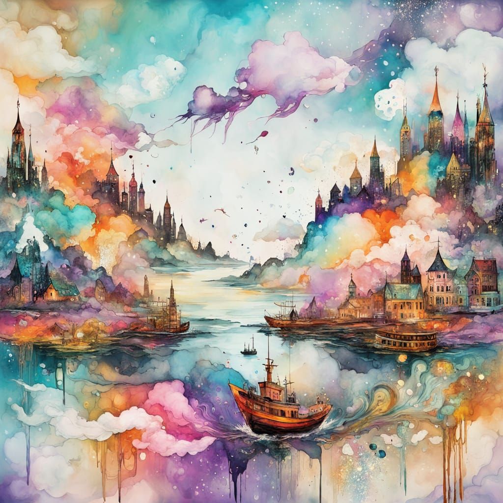 Sunset River Harbor with Melting Clouds